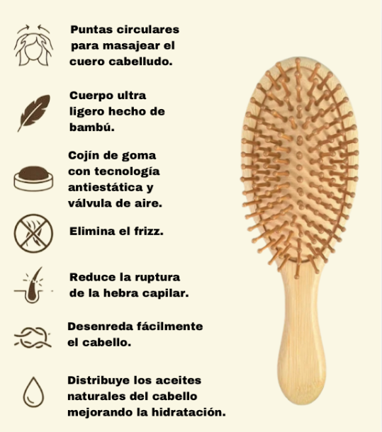 Cepillo de bambú, anti frizz y anti quiebre.